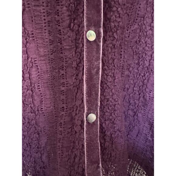 J Jill Lace Top Stretch Purple Button Up Velvet Trim Long Sleeve Sz L Sheer - Picture 5 of 7